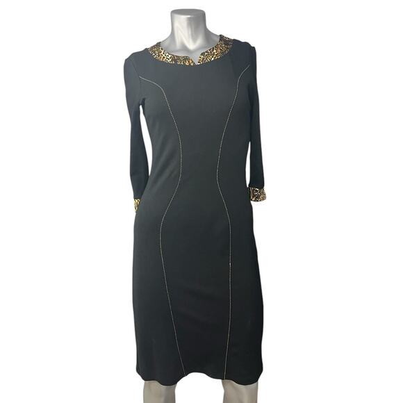 Black Dress Midi Animal Print Accent Leopard Long Sleeve 42 12 Mob Wife Sheath - Picture 1 of 11